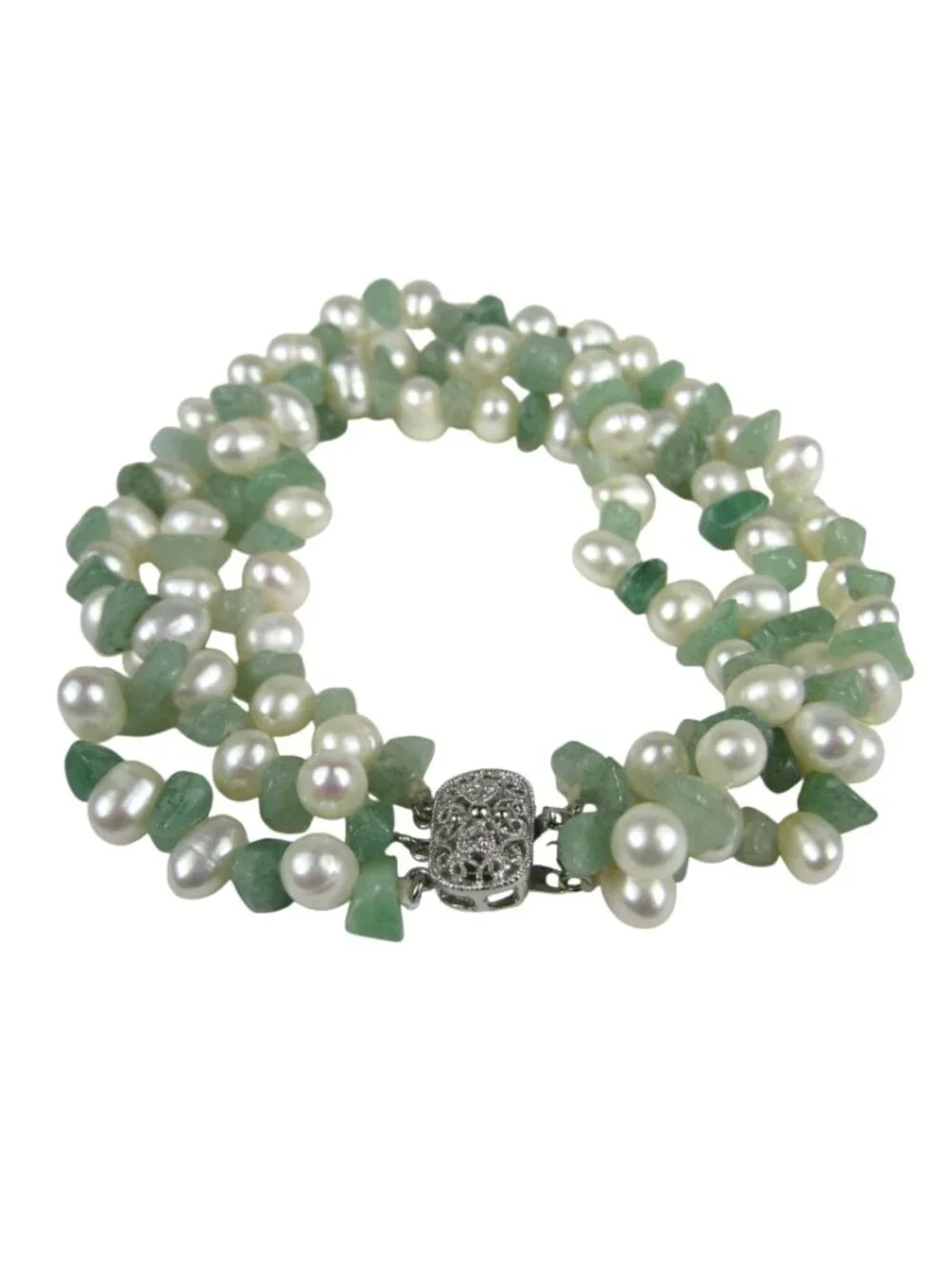 Vintage Multi Strand Jade Chip Freshwater Pearl Beaded Bracelet Silver Tone Box